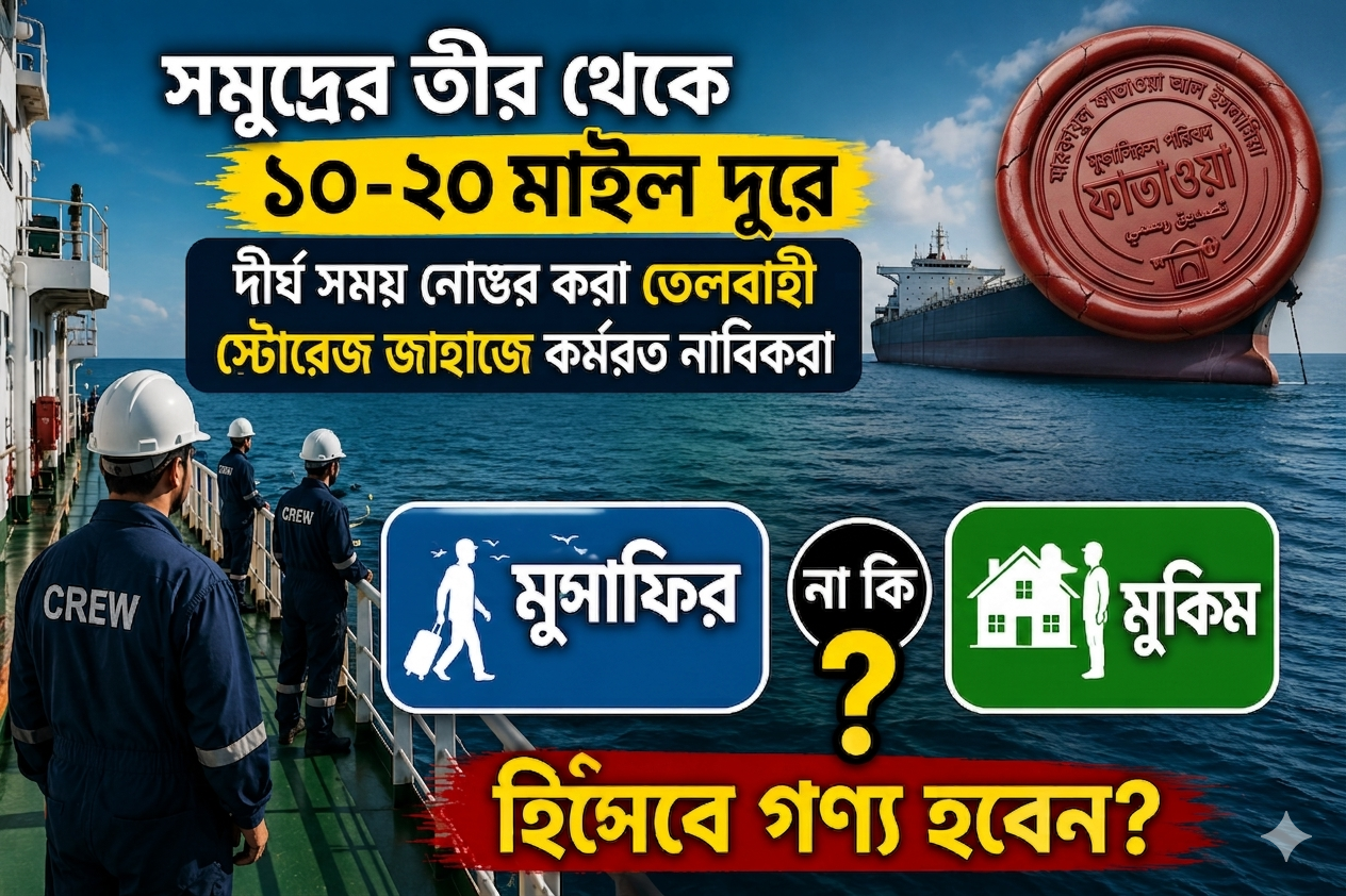 প্রশ্ন: সমুদ্রের তীর থেকে ১০-২০ মাইল দূরে দীর্ঘ সময় নোঙর করা তেলবাহী স্টোরেজ জাহাজে কর্মরত নাবিকরা মুসাফির নাকি মুকিম হিসেবে গণ্য হবেন?